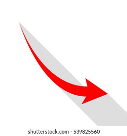 Declining arrow sign. Red icon with flat style shadow path.