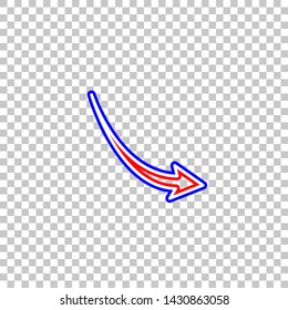 Declining arrow sign. Red, white and contour icon at transparent background. Illustration.