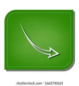 Declining arrow sign. Silver gradient line icon with dark green shadow at ecological patched green leaf. Illustration.