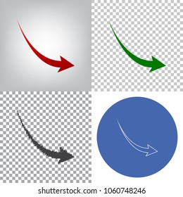 Declining arrow sign. Vector. 4 styles. Red gradient in radial lighted background, green flat and gray scribble icons on transparent and linear one in blue circle.