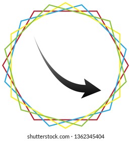 Declining arrow sign. Vector. Black icon with patch of light inside colorful hexagonal frames at white background.