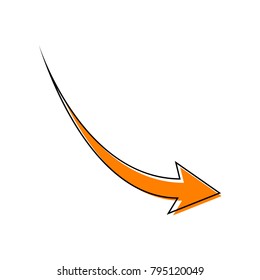 Declining arrow sign. Vector. Black line icon with shifted flat orange filled icon on white background. Isolated.