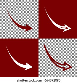 Declining arrow sign. Vector. Bordo and white icons and line icons on chess board with transparent background.