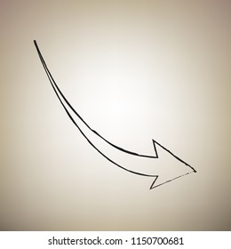 Declining arrow sign. Vector. Brush drawed black icon at light brown background.