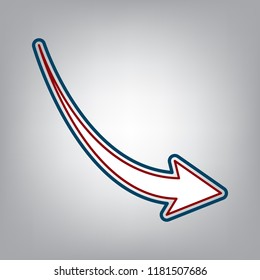 Declining arrow sign. Vector. Dark red, transparent and midnight green stroke of white icon at grayish background.