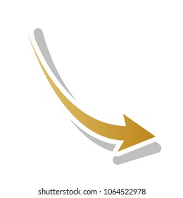 Declining arrow sign. Vector. Golden gradient icon with white contour and rotated gray shadow at white background.