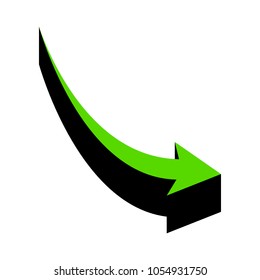 Declining arrow sign. Vector. Green 3d icon with black side on white background. Isolated.