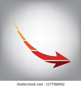 Declining arrow sign. Vector. Horizontally sliced icon with colors from sunny gradient in gray background.