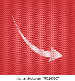 Declining arrow sign. Vector. Knitted white icon on a red knitted background.