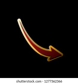 Declining arrow sign. Vector. Red icon with small black and limitless shadows at golden sticker on black background.