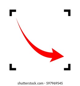 Declining arrow sign. Vector. Red icon inside black focus corners on white background. Isolated.