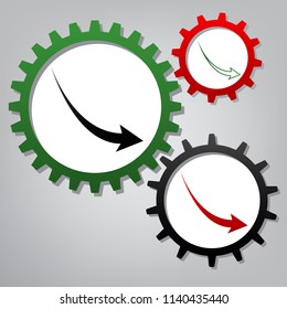 Declining arrow sign. Vector. Three connected gears with icons at grayish background.