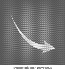 Declining arrow sign. Vector. White knitted icon on gray knitted background. Isolated.