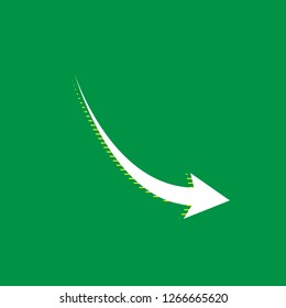 Declining arrow sign. Vector. White flat icon with yellow striped shadow at green background.