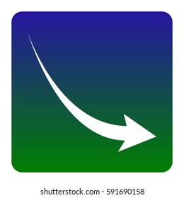 Declining arrow sign. Vector. White icon at green-blue gradient square with rounded corners on white background. Isolated.