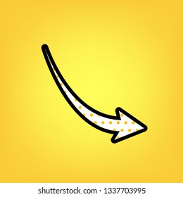 Declining arrow sign. Vector. Yellow polka dot white icon with black contour at warm yellow background.