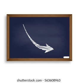 Declining arrow sign. White chalk icon on blue school board with shadow as background. Isolated.
