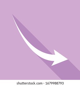 Declining arrow sign. White Icon with long shadow at purple background. Illustration.