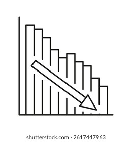 Declining Bar Chart With Downward Arrow Icon. Economic Downturn, Financial Loss, And Market Decline Outline Symbol. Business Analysis And Risk Assessment. Editable Stroke. Isolated Vector Illustration