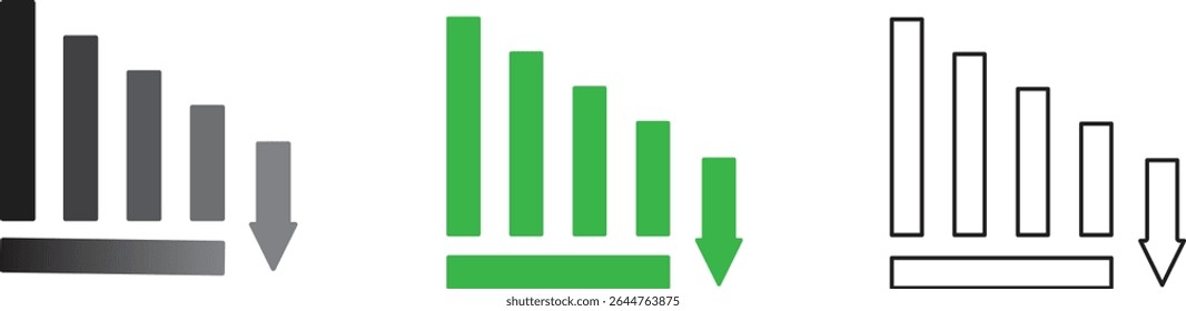 Declining bar chart icon set in three styles – solid, color, and outline. Suitable for illustrating financial loss, economic downturn, negative growth, or performance drop. Editable and clean vector