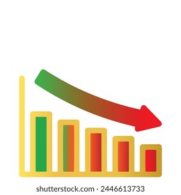 Gráfico de barras decrecientes con Plantilla de flecha hacia abajo aislada sobre fondo blanco gráfico de barras descendentes que muestra la pérdida
