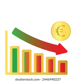 Declining bar decreasing graph Euro coin and down-word arrow template isolated on white background falling bar chart showing the loss. Editable European trading market graph vector Eps available