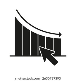 Declining Bar Graph With Cursor Solid Icon. Business Performance, Financial Loss, And Market Downturn Silhouette Symbol. Economic Analysis. Isolated Vector Illustration.