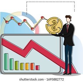 Declining business chart vector concept with male figure wearing a black suit while holding a gold coin, isolated in white background with big lying screen projecting business charts