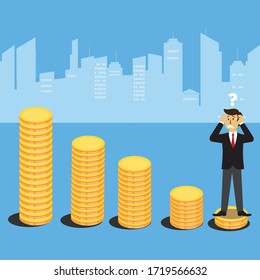 Declining business chart vector concept: Businessman in black suit confused as financial crisis is coming