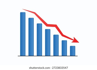 Gráfico de negocios en declive con flecha roja, barras azules en disminución