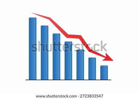 Declining business graph with red arrow, decreasing blue bars