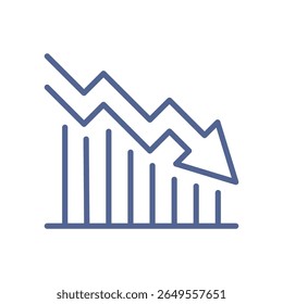Declining chart icon, minimal economic downturn symbol, falling stock trend, financial market crash, investment risk and negative growth flat vector illustration.