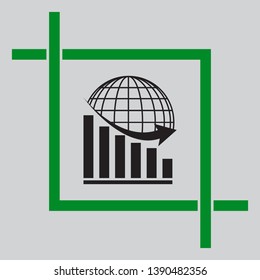 Declining graph with earth. Black icon inside green crop tool at light gray background