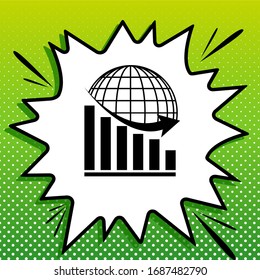 Declining graph with earth. Black Icon on white popart Splash at green background with white spots. Illustration.