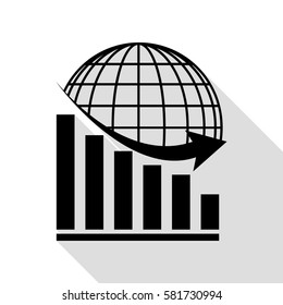 Declining graph with earth. Black icon with flat style shadow path.