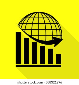 Declining graph with earth. Black icon with flat style shadow path on yellow background.
