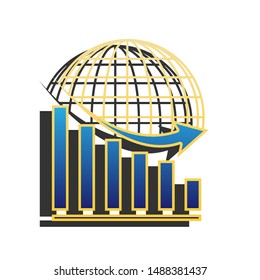 Declining graph with earth. Blue icon with gold contour with dark gray shadow at white background. Illustration.