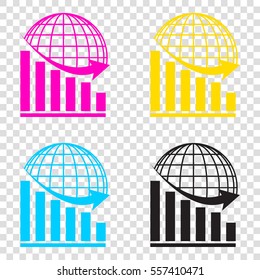 Declining graph with earth. CMYK icons on transparent background. Cyan, magenta, yellow, key, black.