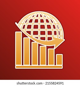 Declining graph with earth. Golden gradient Icon with contours on redish Background. Illustration.