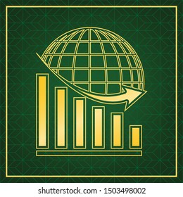 Declining graph with earth. Golden icon with gold contour at dark green gridded white background. Illustration.