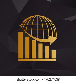 Declining graph with earth. Golden style on background with polygons.