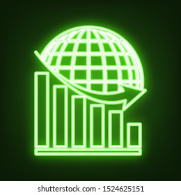 Declining graph with earth. Green neon icon in the dark. Blurred lightening. Illustration.
