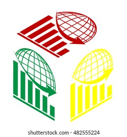 Declining graph with earth. Isometric style of red, green and yellow icon.