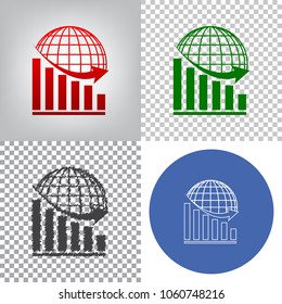Declining graph with earth. Vector. 4 styles. Red gradient in radial lighted background, green flat and gray scribble icons on transparent and linear one in blue circle.