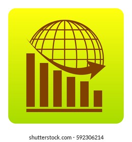 Declining graph with earth. Vector. Brown icon at green-yellow gradient square with rounded corners on white background. Isolated.