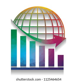 Declining graph with earth. Vector. Colorful icon with bright texture of mosaic with soft shadow on white background. Isolated.