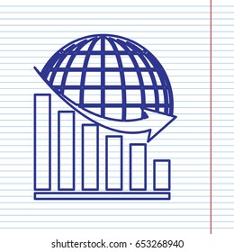 Declining graph with earth. Vector. Navy line icon on notebook paper as background with red line for field.