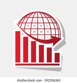 Declining graph with earth. Vector. New year reddish icon with outside stroke and gray shadow on light gray background.