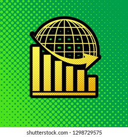 Declining graph with earth. Vector. Pop art orange to yellow dots-gradient icon with black contour at greenish background.