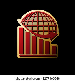 Declining graph with earth. Vector. Red icon with small black and limitless shadows at golden sticker on black background.